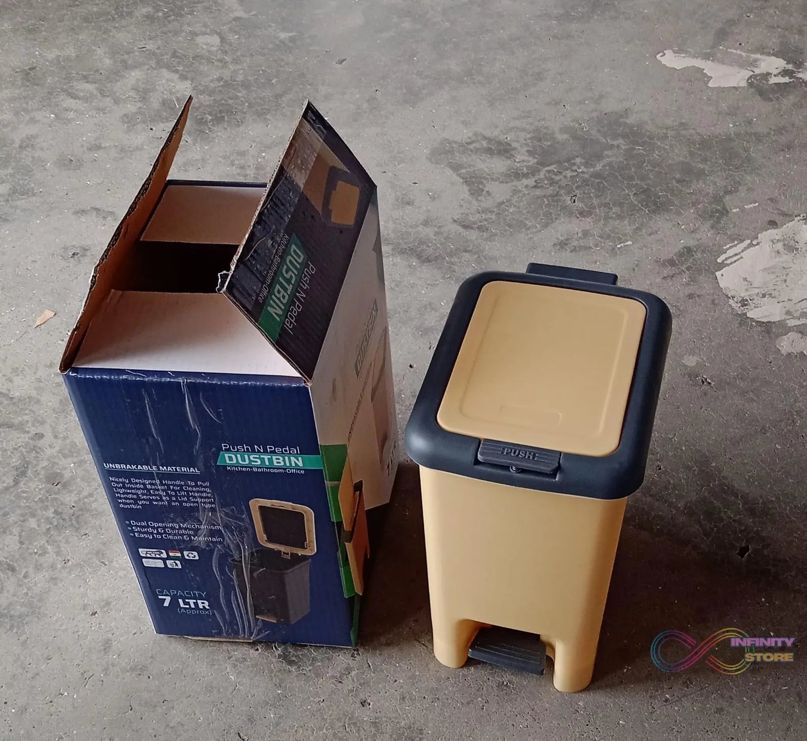 Plastic Push N Pedal Dustbin Plastic Kitchen Waste Bin with Lid | Trash Can Waste Basket for Bathroom, Hands Free with Step On Foot Pedal and Garbage Bag Ring ( 7 Ltr. ) - infinityexculsivestore.com