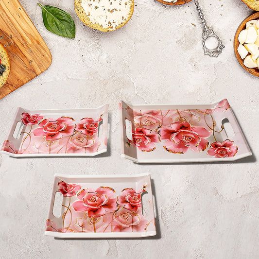 Plastic Rectangular Shape Flower Printed Design Serving Tray 3 pcs Home and Kitchen Use (3 pcs set) - infinityexculsivestore.com
