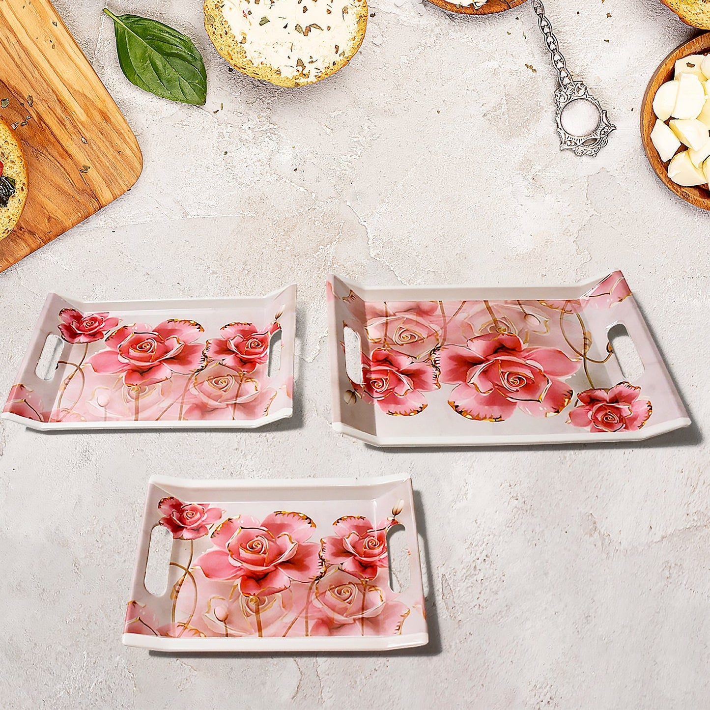 Plastic Rectangular Shape Flower Printed Design Serving Tray 3 pcs Home and Kitchen Use (3 pcs set) - infinityexculsivestore.com