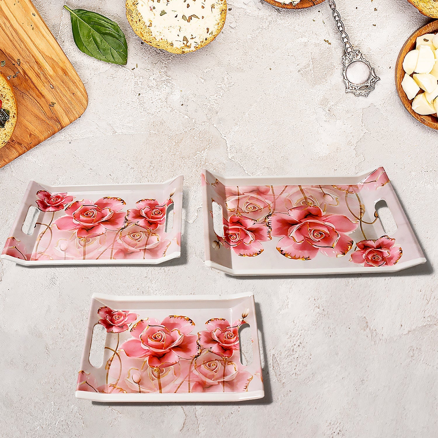 Plastic Rectangular Shape Flower Printed Design Serving Tray 3 pcs Home and Kitchen Use (3 pcs set) - infinityexculsivestore.com