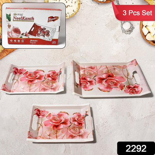 Plastic Rectangular Shape Flower Printed Design Serving Tray 3 pcs Home and Kitchen Use (3 pcs set) - infinityexculsivestore.com