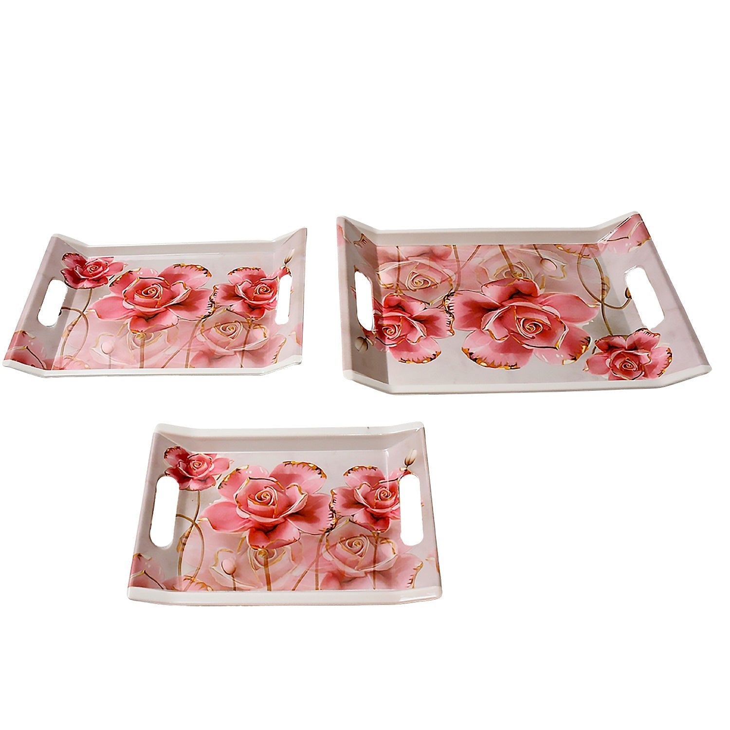 Plastic Rectangular Shape Flower Printed Design Serving Tray 3 pcs Home and Kitchen Use (3 pcs set) - infinityexculsivestore.com