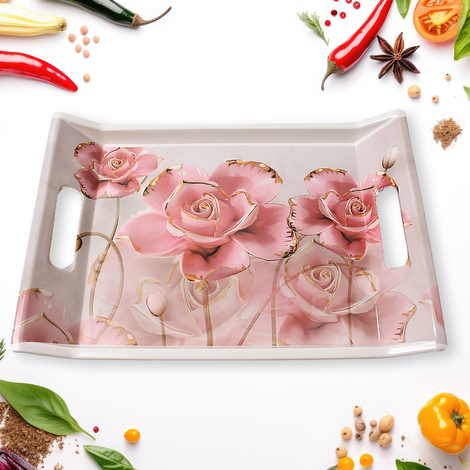 Plastic Rectangular Shape Flower Printed Design Serving Tray 3 pcs Home and Kitchen Use (3 pcs set) - infinityexculsivestore.com