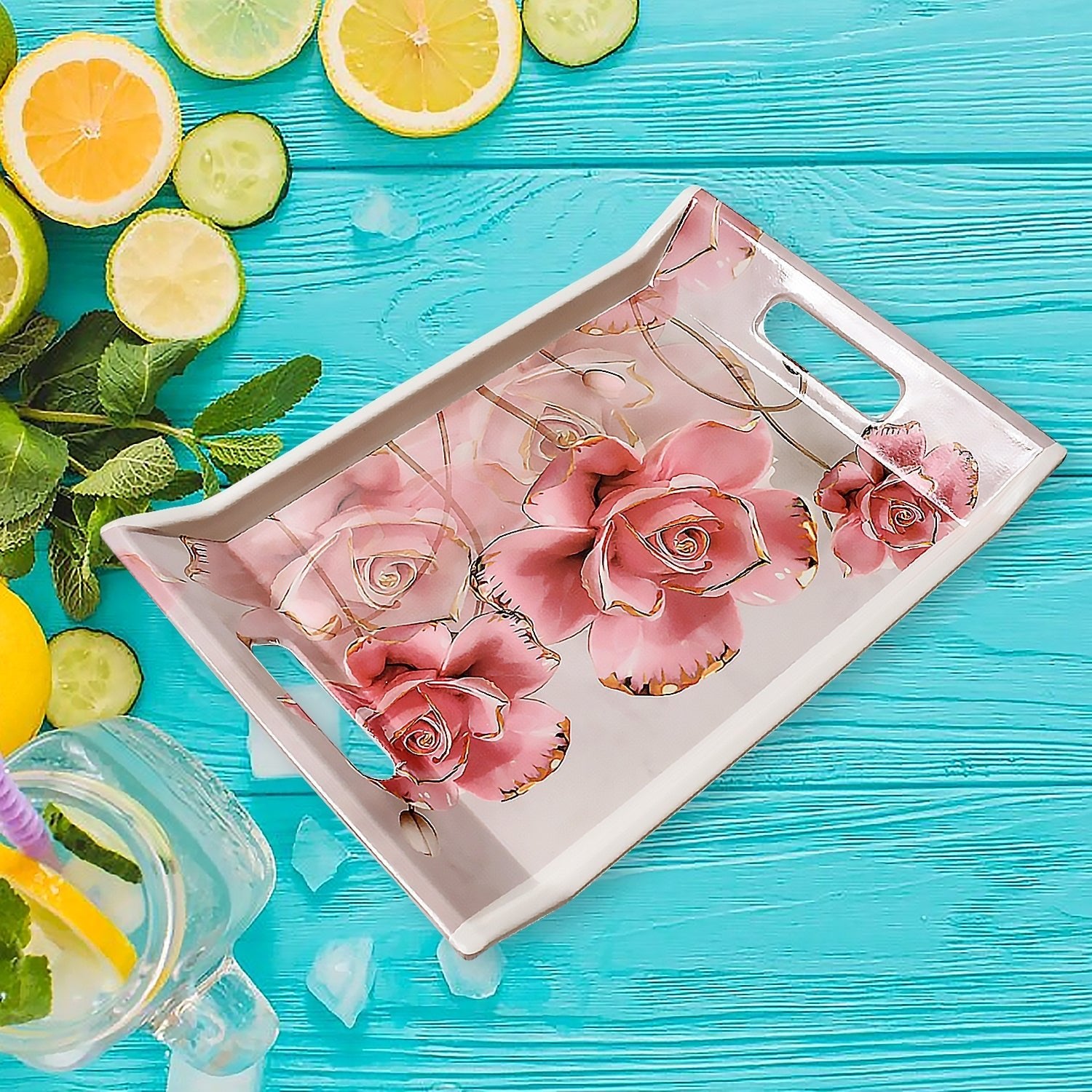 Plastic Rectangular Shape Flower Printed Design Serving Tray 3 pcs Home and Kitchen Use (3 pcs set) - infinityexculsivestore.com