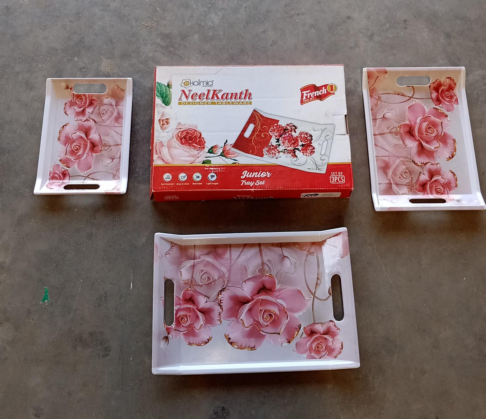 Plastic Rectangular Shape Flower Printed Design Serving Tray 3 pcs Home and Kitchen Use (3 pcs set) - infinityexculsivestore.com