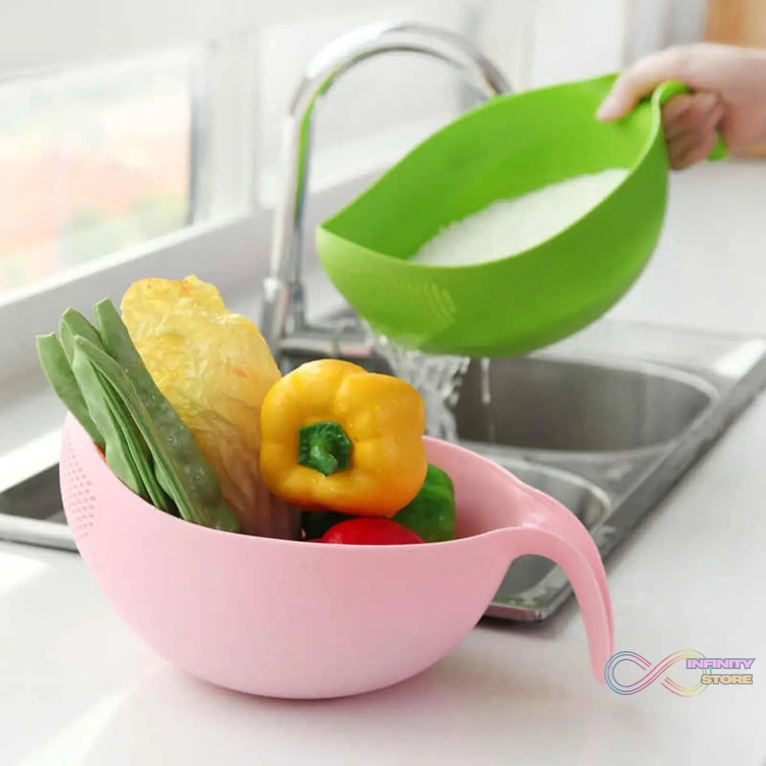 Plastic Rice Bowl / Food Strainer Thick Drain Basket with Handle for Rice, Vegetable & Fruit. (1Pc) - infinityexculsivestore.com