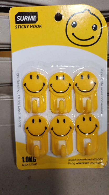 Plastic Self - Adhesive Smiley Face Hooks, 1 Kg Load Capacity (6pcs) - infinityexculsivestore.com