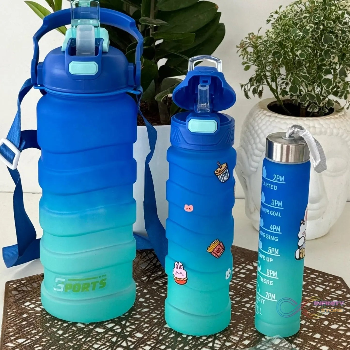 Plastic Water Bottle, 3 Different Size Bottle (3 Pc Set / With Straw & Sticker) - infinityexculsivestore.com