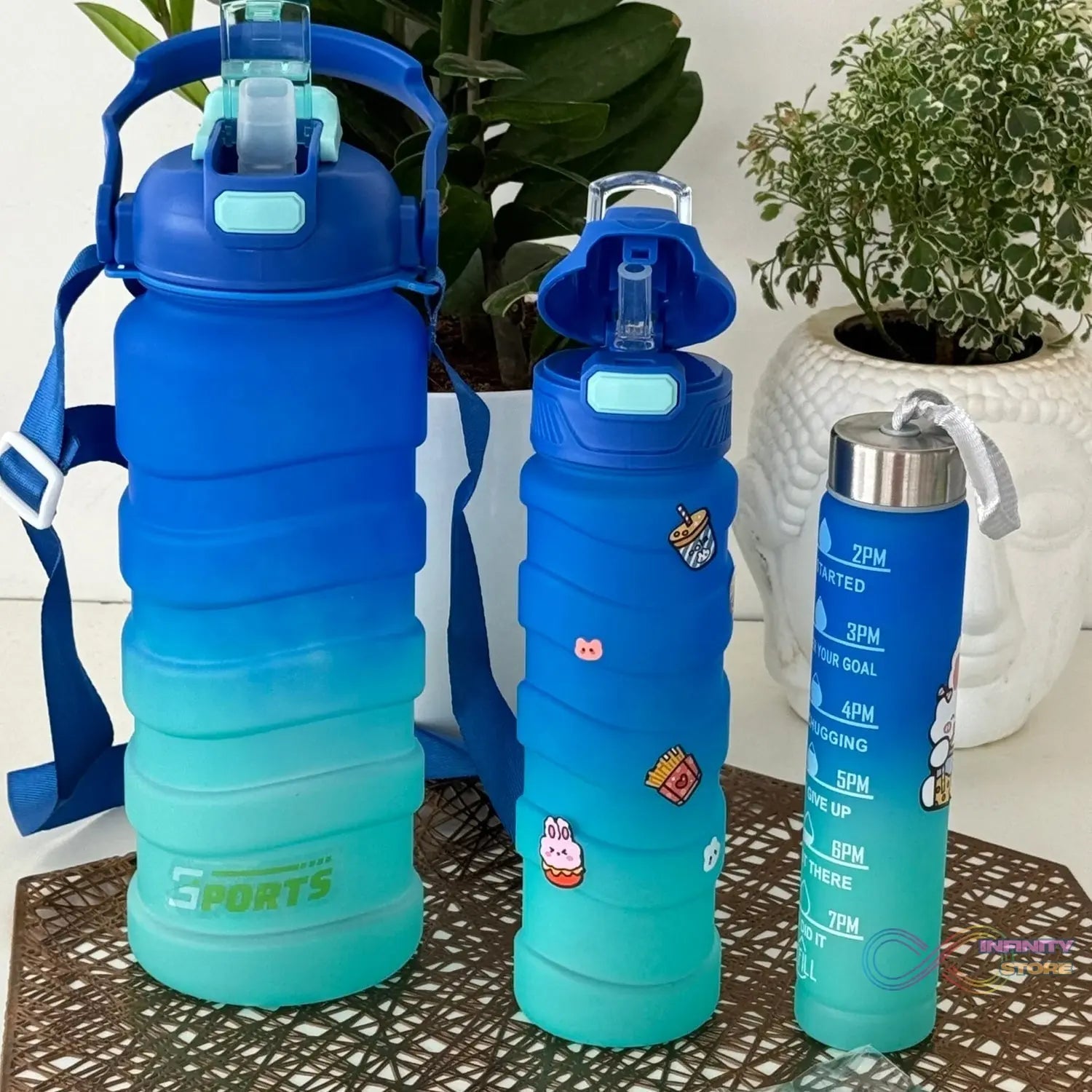 Plastic Water Bottle, 3 Different Size Bottle (3 Pc Set / With Straw & Sticker) - infinityexculsivestore.com