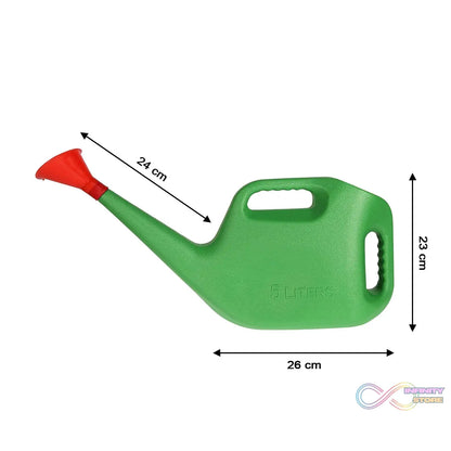 Plastic watering can with a comfortable handle and sprayer for gardening