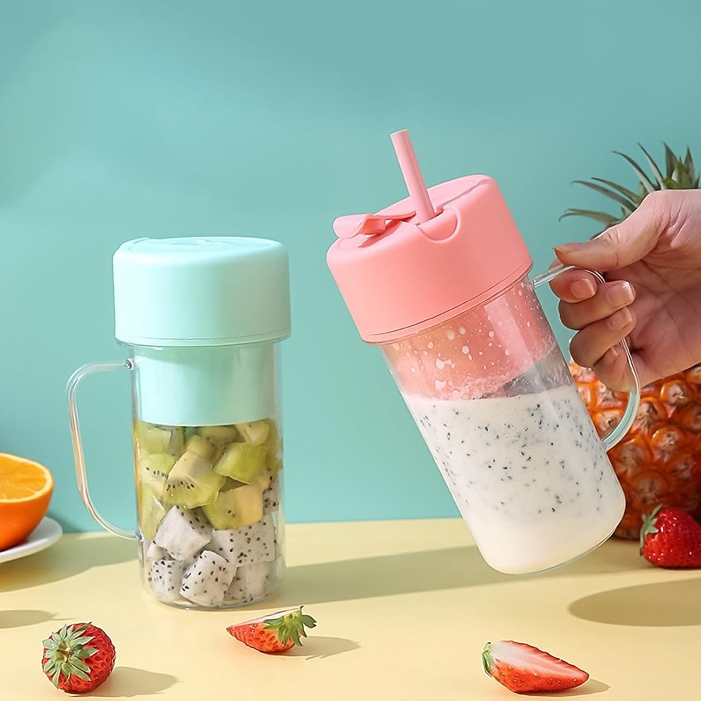 Portable Crusher Juicer With Handle & Straw, USB Rechargeable 6 Blades (420 ML) - infinityexculsivestore.com