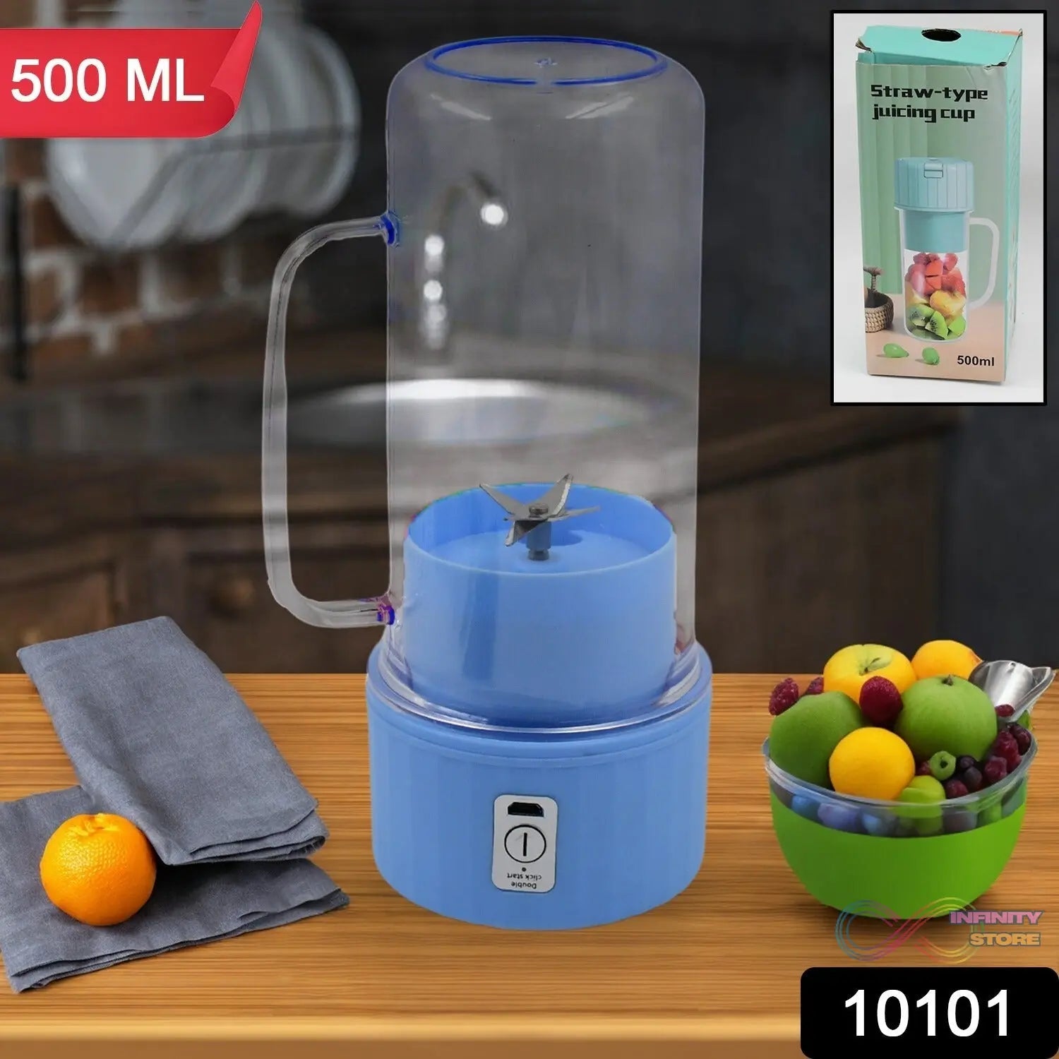 Portable Electric Juicer With Handle & Straw, USB Rechargeable 6 Stainless Steel Blades (500 ML) - infinityexculsivestore.com