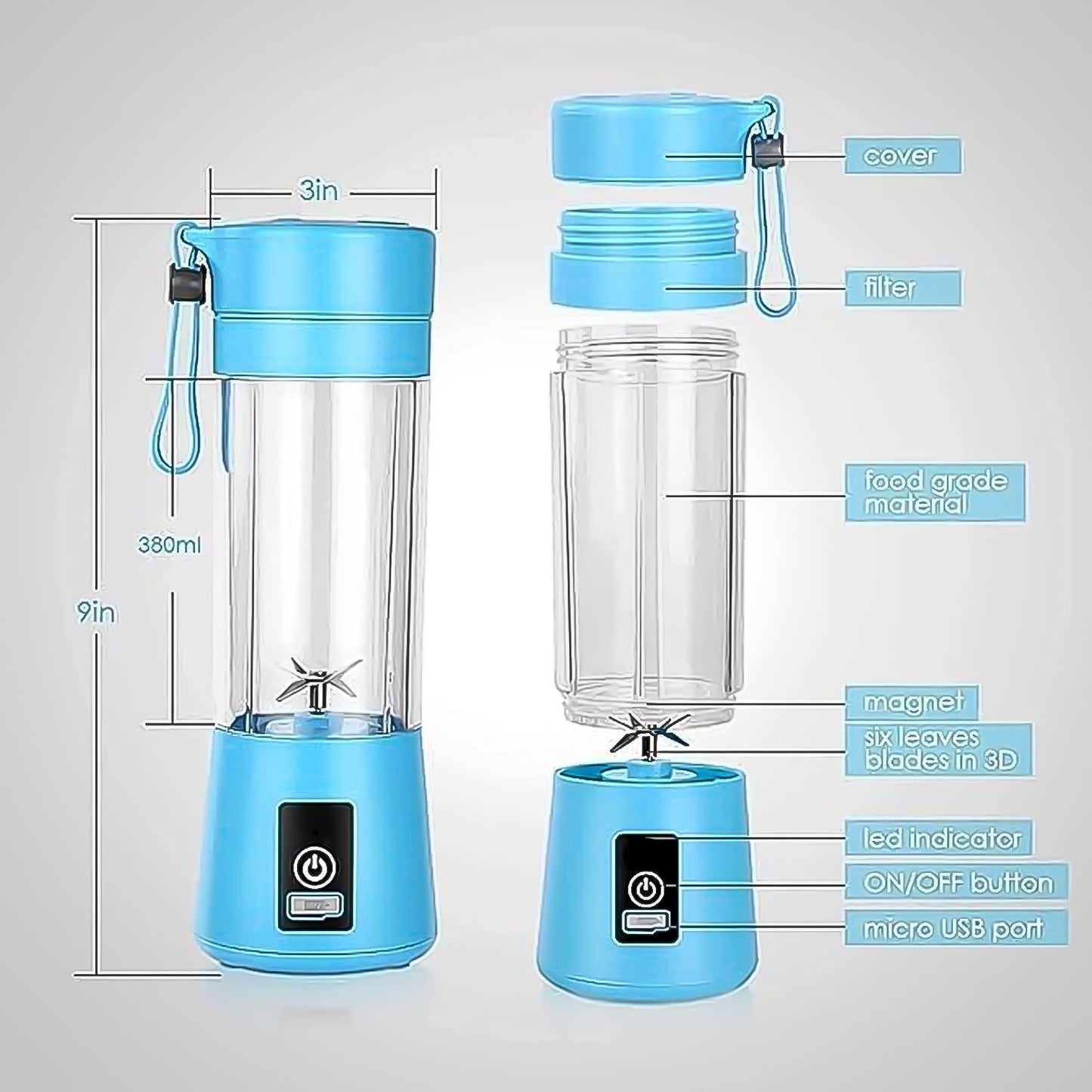 Portable Electric USB Juice Maker Juicer Bottle Blender, Grinder Mixer, 4 Blades Rechargeable Bottle (380 ML / Mix Color) - infinityexculsivestore.com
