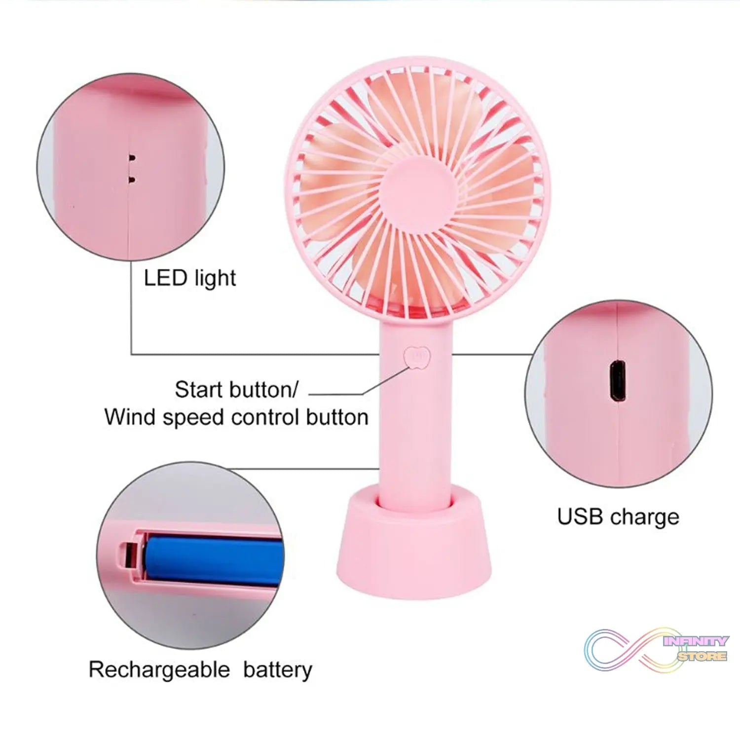 Lightweight handheld fan, battery-operated for personal cooling.