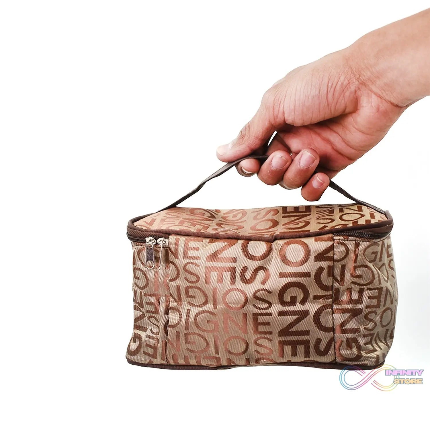 Makeup bag with multiple compartments for travel.