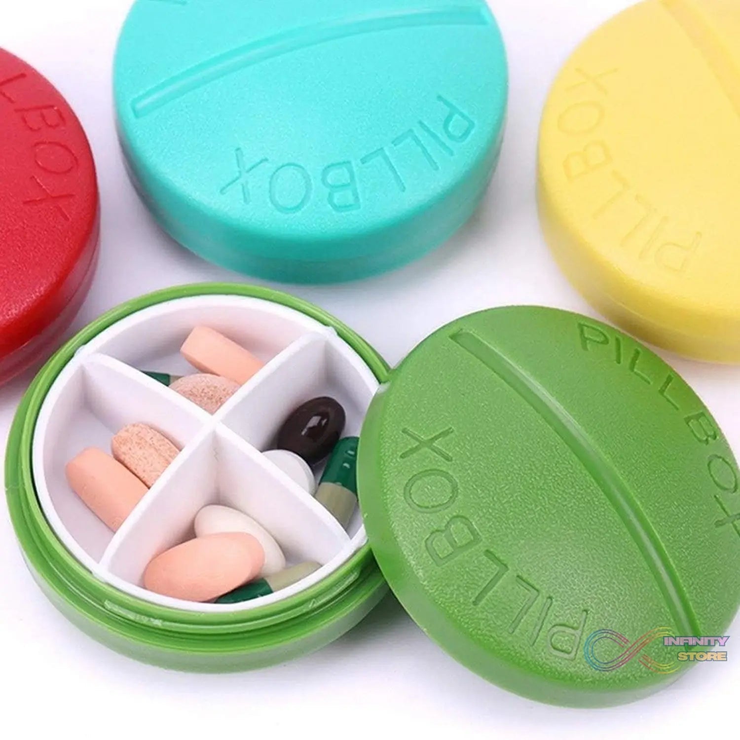 Portable Round Shape 4 Compartments Pill Box (1 Pc / With Brown Box) - infinityexculsivestore.com