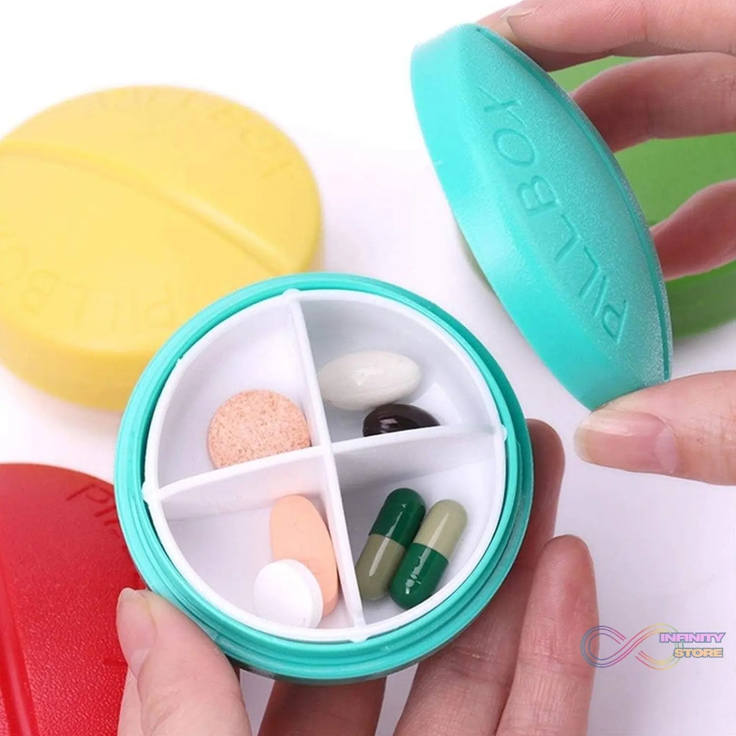 Portable Round Shape 4 Compartments Pill Box (1 Pc / With Brown Box) - infinityexculsivestore.com