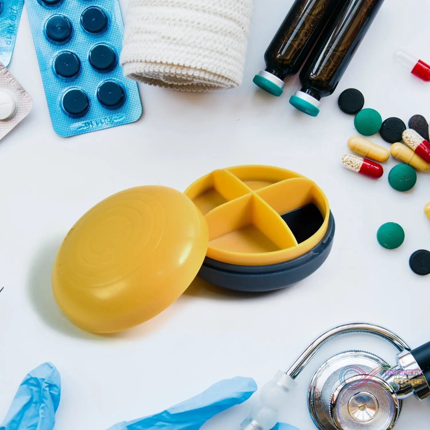 Portable Round Shape 4 Compartments Pill Box (1 Pc / With Color Box) - infinityexculsivestore.com