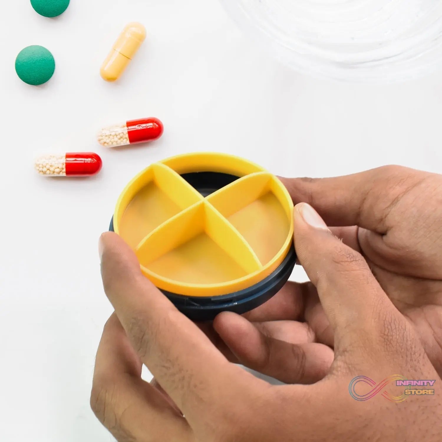 Portable Round Shape 4 Compartments Pill Box (1 Pc / With Color Box) - infinityexculsivestore.com