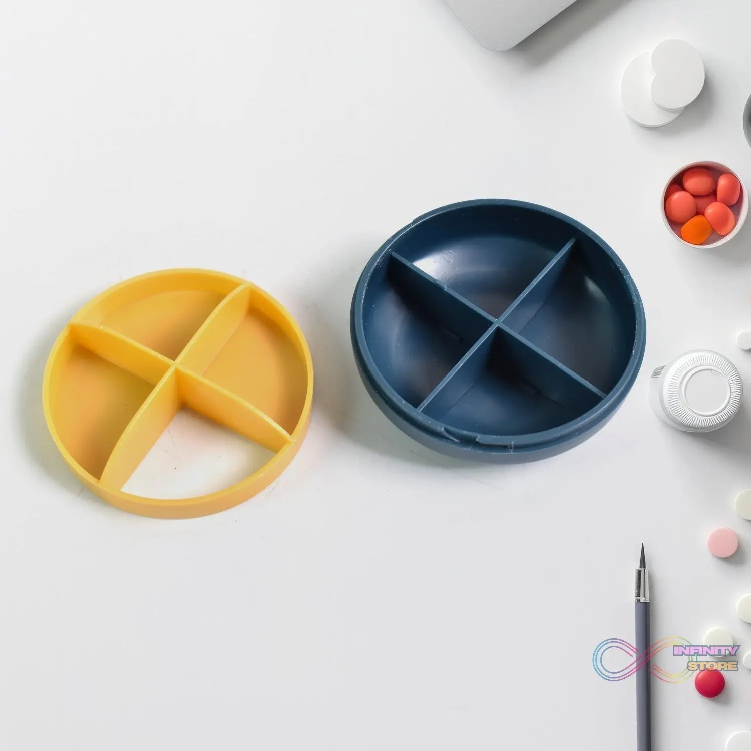 Portable Round Shape 4 Compartments Pill Box (1 Pc / With Color Box) - infinityexculsivestore.com