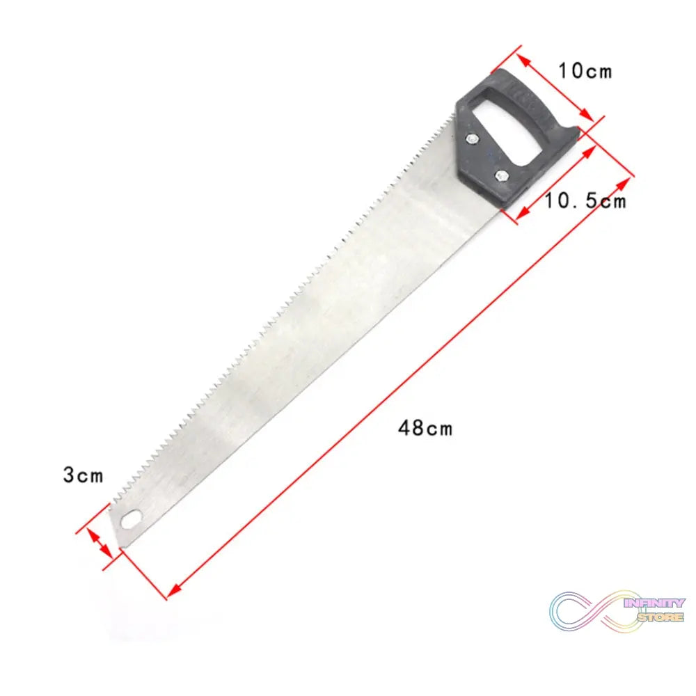 Steel hand saw with large cutting blade.