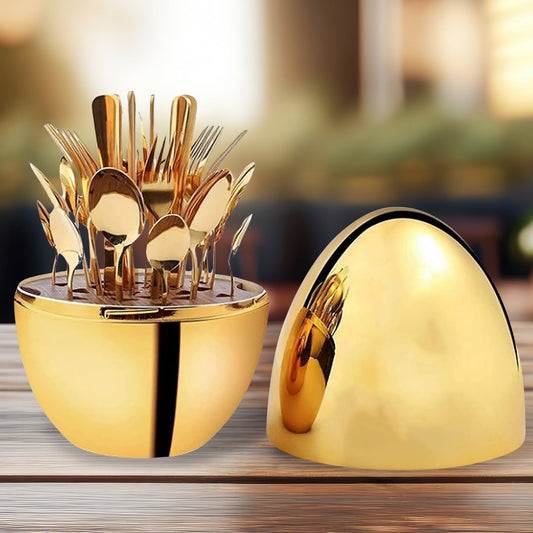 Premium Cutlery Set 24 Pcs with Oval Shaped Stand | Beautiful Stylish Oval Designed Cutlery Sets, Egg - Shaped Luxury Spoon Holder Set  (Golden / 24 pcs set) - infinityexculsivestore.com