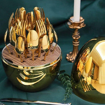 Premium Cutlery Set 24 Pcs with Oval Shaped Stand | Beautiful Stylish Oval Designed Cutlery Sets, Egg - Shaped Luxury Spoon Holder Set  (Golden / 24 pcs set) - infinityexculsivestore.com