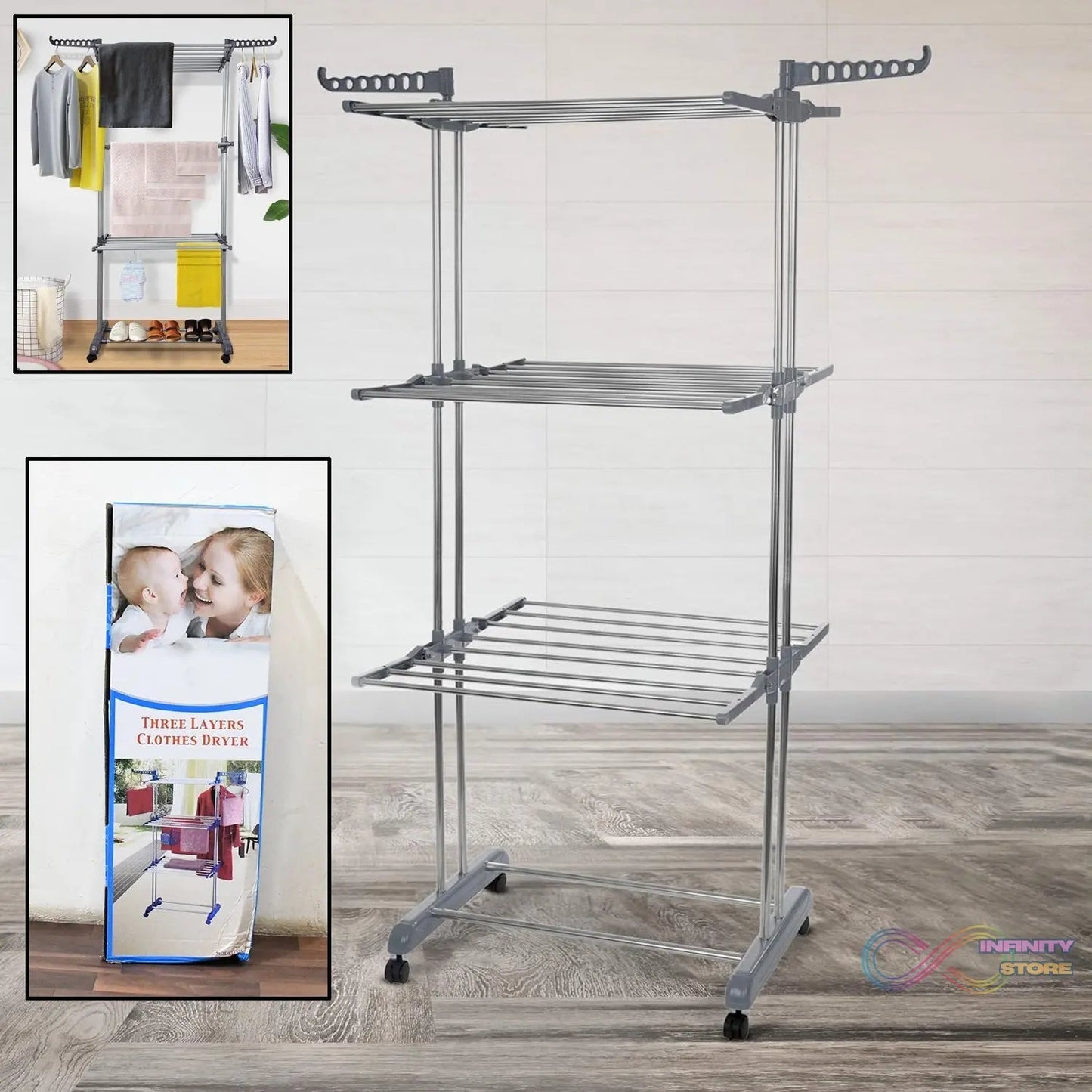 Premium Heavy Duty Stainless Steel 3 Layer Foldable Cloth Drying Stand (1 Set / With Color Box) - infinityexculsivestore.com