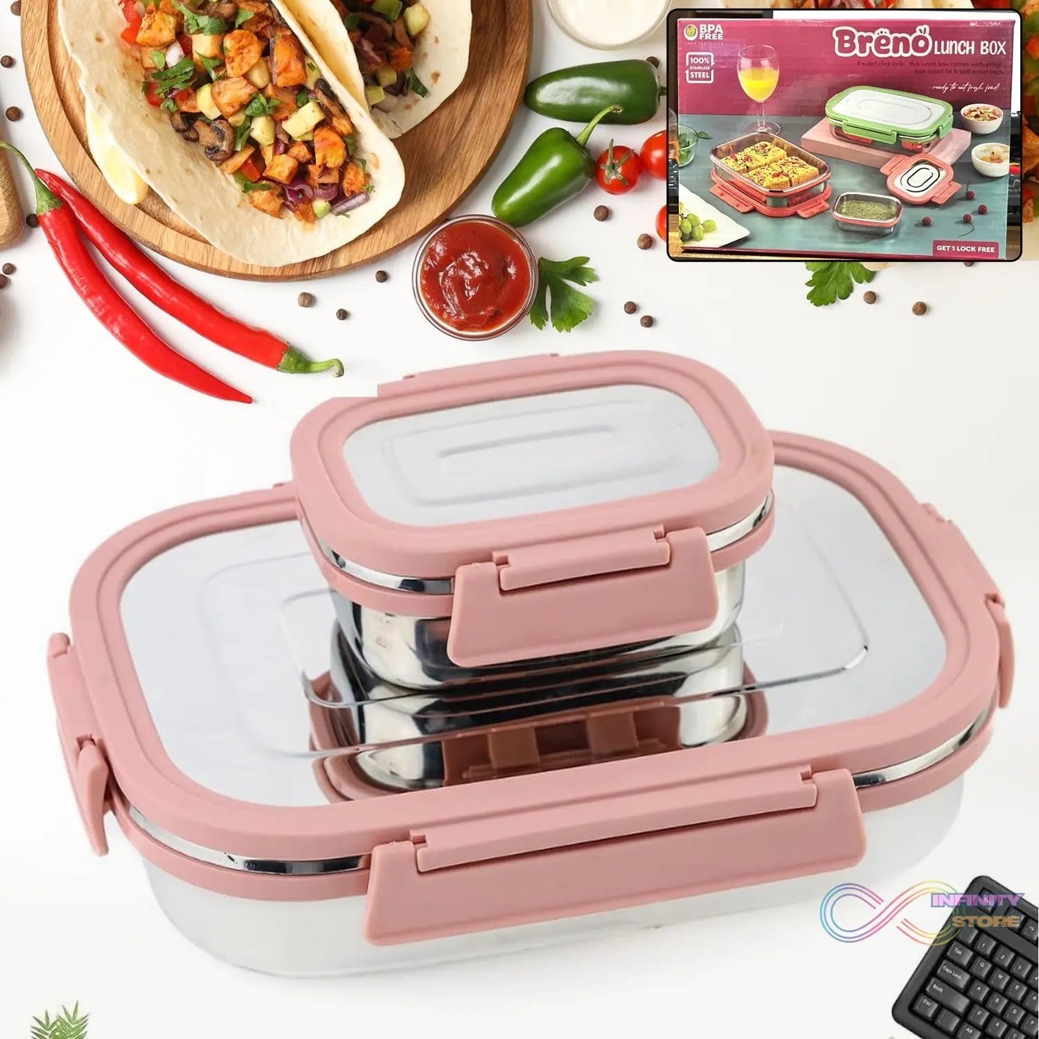 Premium Stainless Steel Leak Proof Air Tight Lunch Boxes (900ML+200ML Approx / 2 Pc Set) - infinityexculsivestore.com