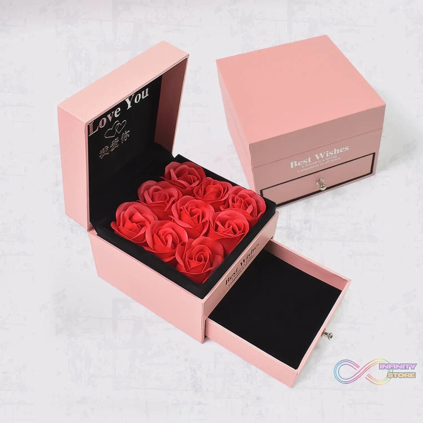 Preserved Eternal Rose Flower Gift Box Drawer with I Love You & Artificial 9 Pcs Rose (1 Set) - infinityexculsivestore.com