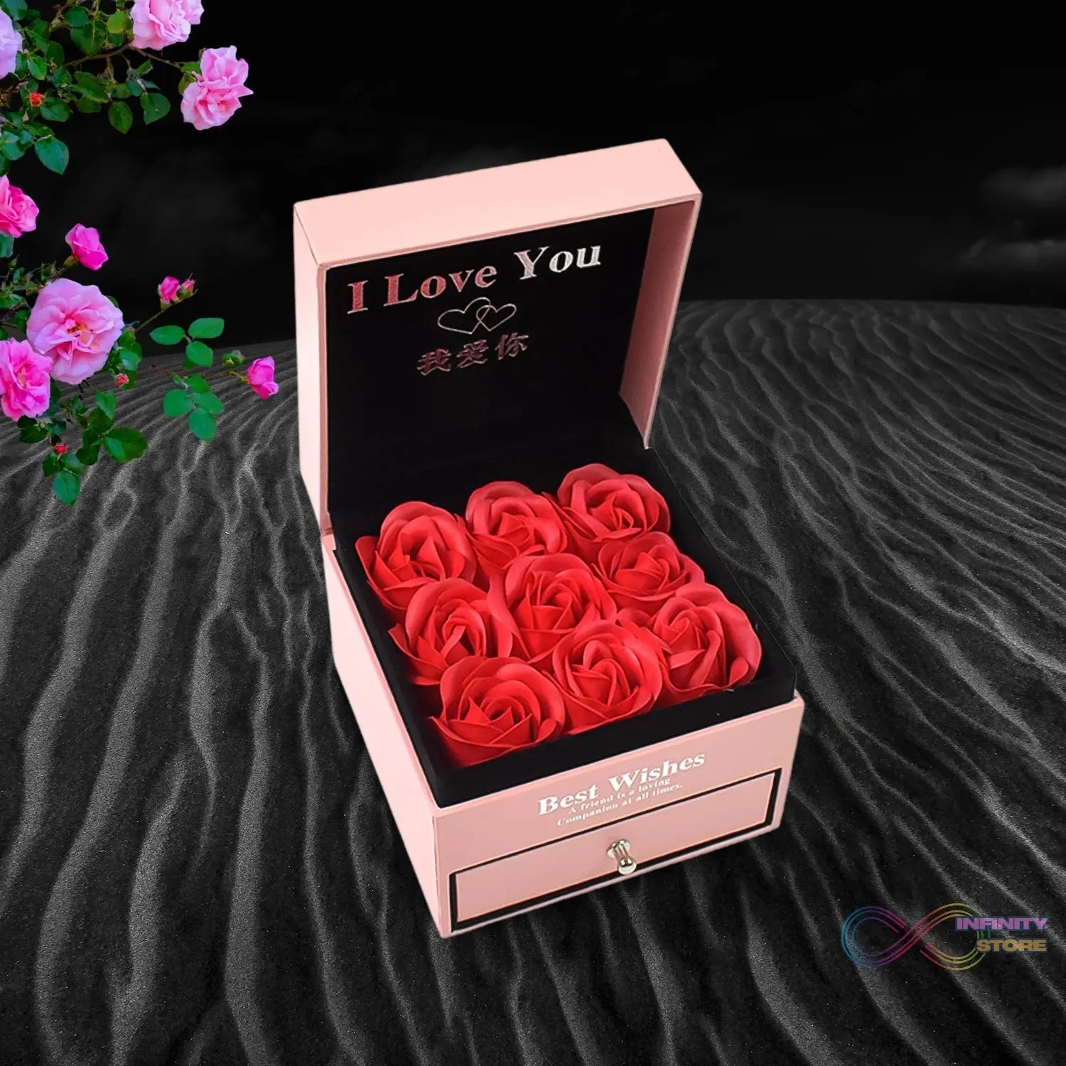 Preserved Eternal Rose Flower Gift Box Drawer with I Love You & Artificial 9 Pcs Rose (1 Set) - infinityexculsivestore.com
