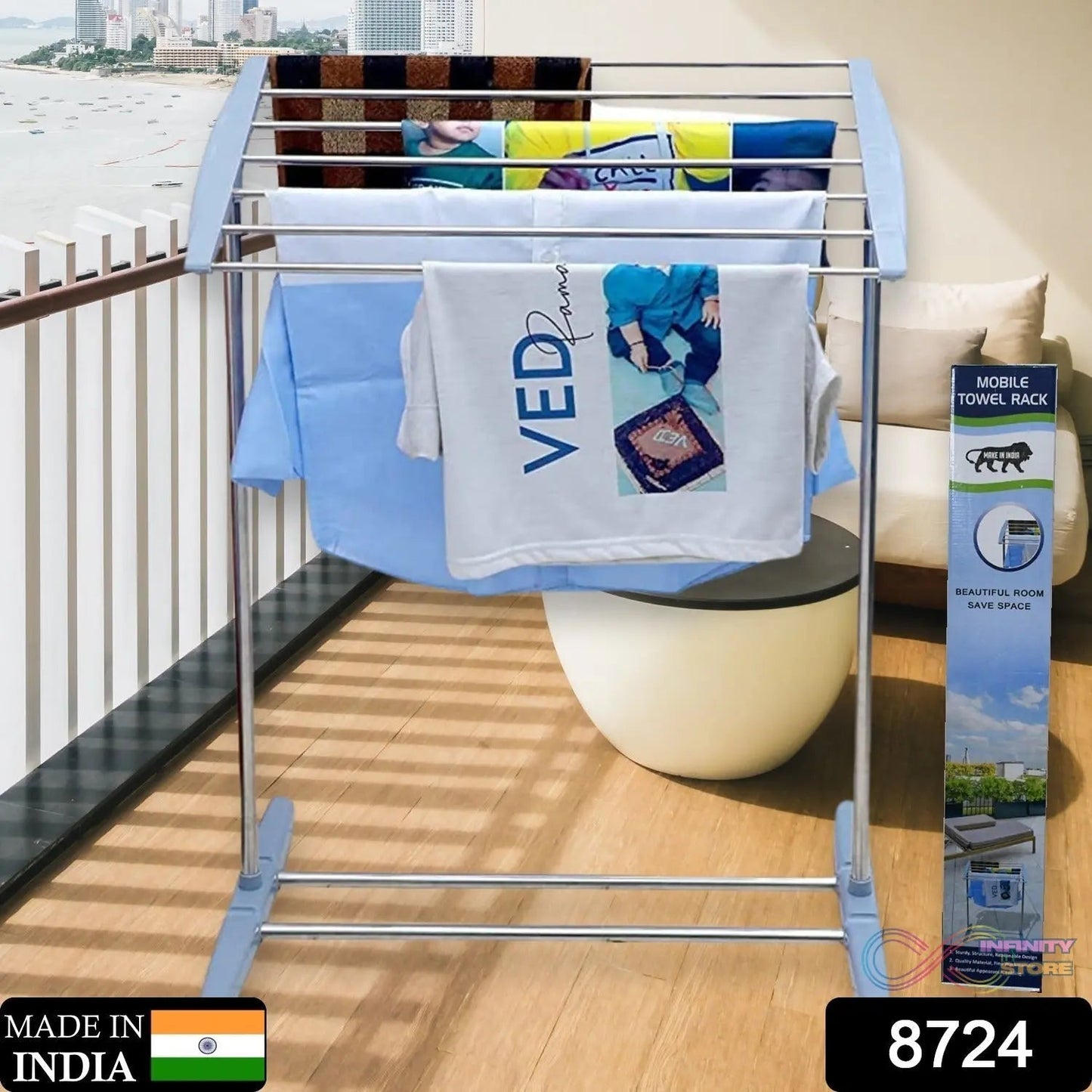 Multi - Functional Single Tier Mobile Towel Foldable Rack for Cloth and Towel / Stainless Steel and Plastic Made Mobile Towel and Cloth Rack Holder Indoor / Outdoor Standing Movable Cloth Dryer Rack, Balcony Cloth Drying Stand - infinityexculsivestore.com