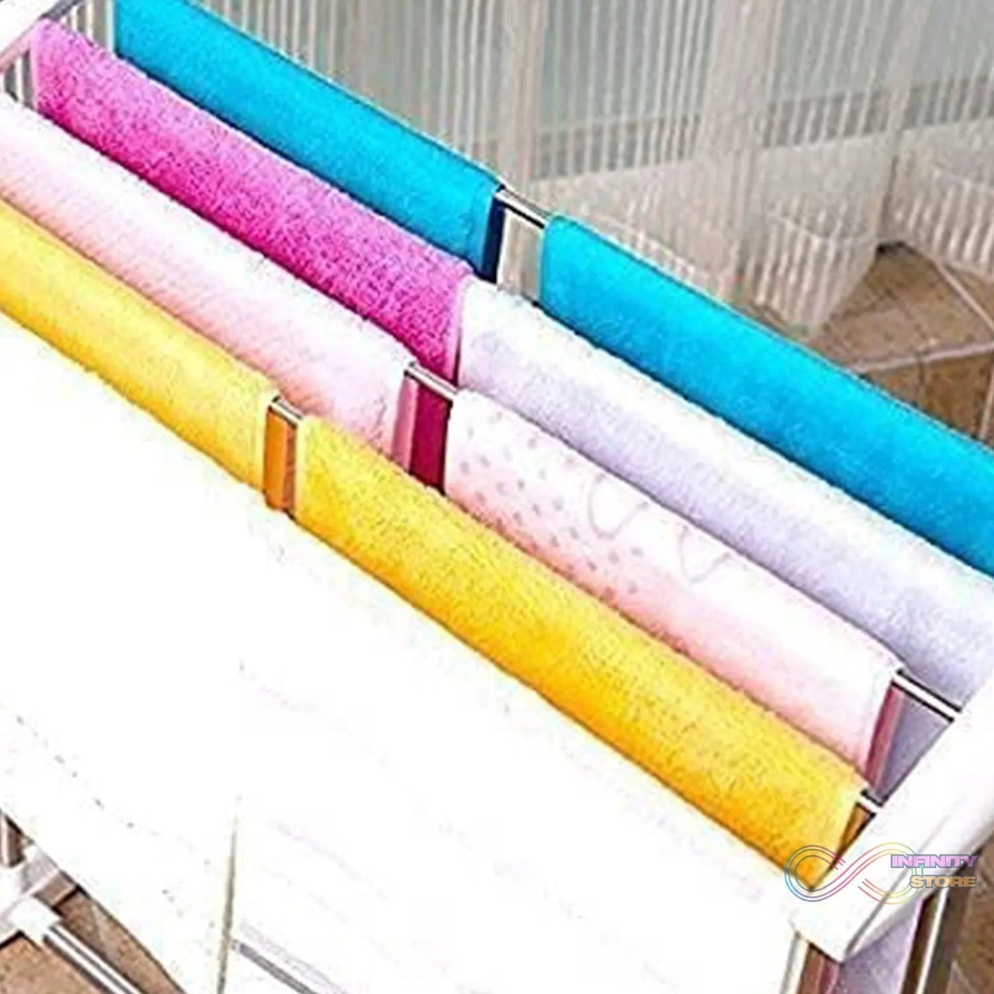 Multi - Functional Single Tier Mobile Towel Foldable Rack for Cloth and Towel / Stainless Steel and Plastic Made Mobile Towel and Cloth Rack Holder Indoor / Outdoor Standing Movable Cloth Dryer Rack, Balcony Cloth Drying Stand - infinityexculsivestore.com