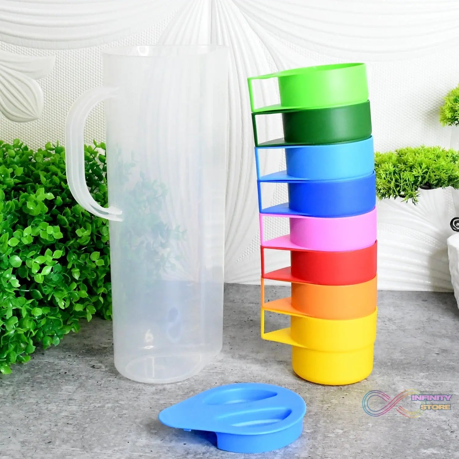 Rainbow Picnic Plastic Pitcher / Jug / Kettle Glass / Cup Set Water Bottle+Cup (9 Pcs Set) - infinityexculsivestore.com