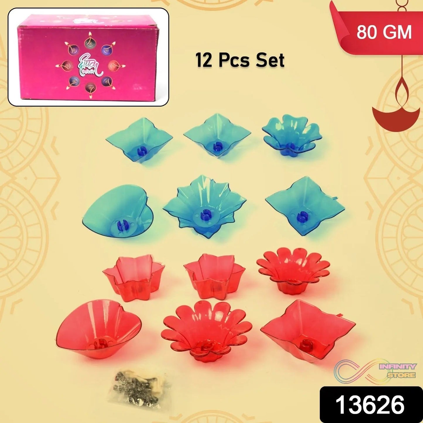 Reflection Diya Combo Plastic Candle Cup with Multi Shape (12 Pcs Set) - infinityexculsivestore.com