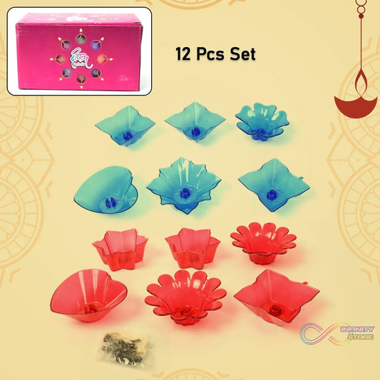 Reflection Diya Combo Plastic Candle Cup with Multi Shape (12 Pcs Set) - infinityexculsivestore.com