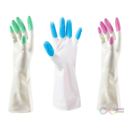 Flock-lined rubber cleaning gloves, perfect for protecting hands while washing.