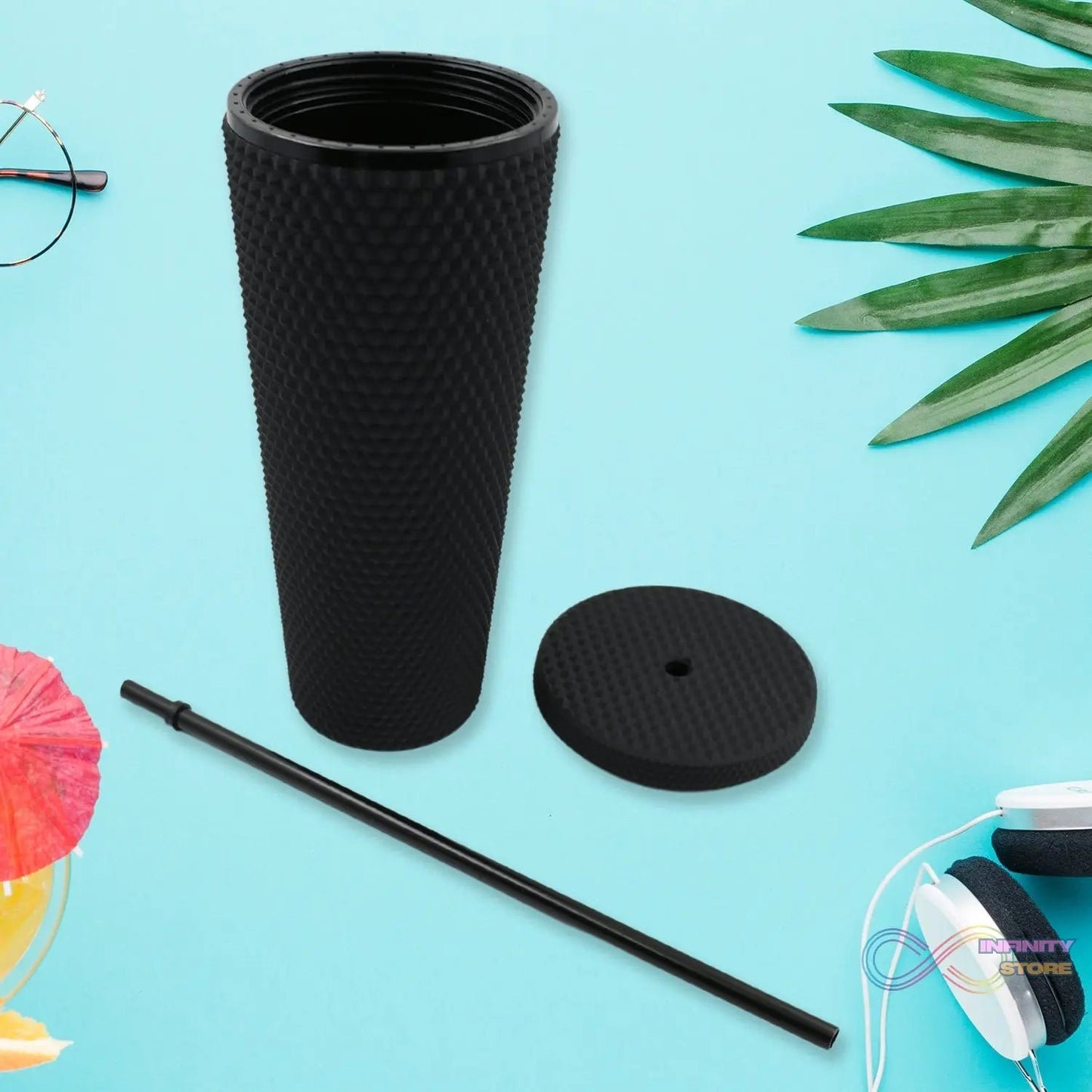 Reusable Studded Tumbler with Straw & Leak Proof Lid (1 Pc, Mix Colors) - infinityexculsivestore.com