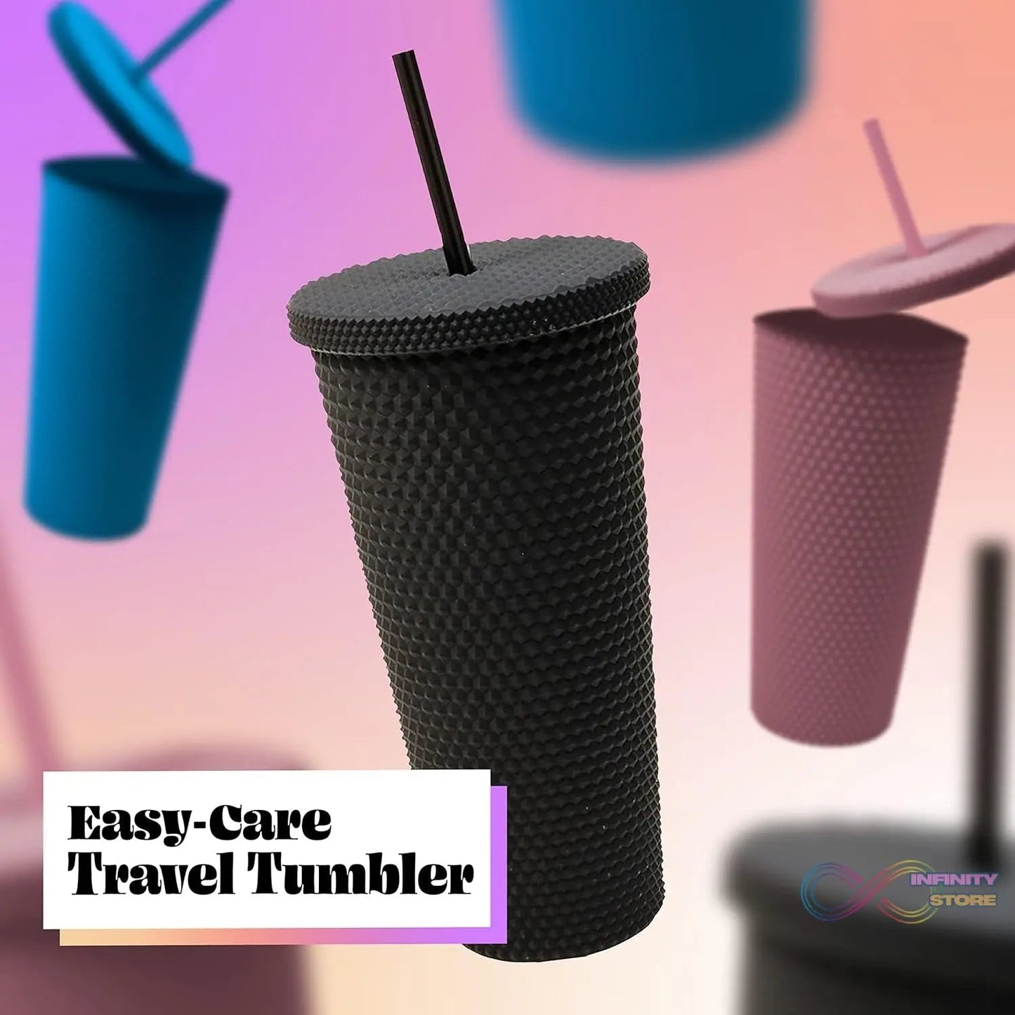 Reusable Studded Tumbler with Straw & Leak Proof Lid (1 Pc, Mix Colors) - infinityexculsivestore.com