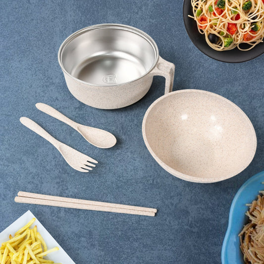 Rice Bowl Noodle 1 Bowl with 1 Lid and Handle Wheat Straw Noodle Bowls with Wheat Straw 1 Fork, 2 Chopsticks, 1 Spoon for Soup Salad Snack Set (6 Pcs Set) - infinityexculsivestore.com