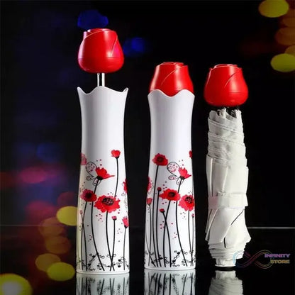 Lightweight mini umbrella with rose design, UV protection.
