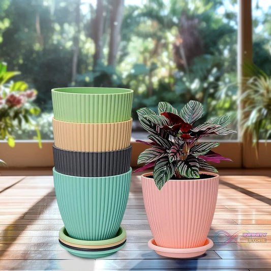 Round Flower Pot with Bottom Tray (5 Pcs Set / Small / 14×16 Cm) - infinityexculsivestore.com