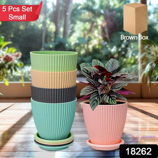 Round Flower Pot with Bottom Tray (5 Pcs Set / Small / 14×16 Cm) - infinityexculsivestore.com