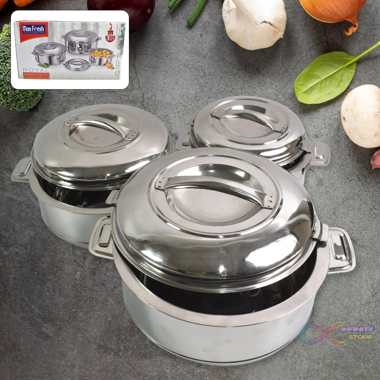 Royal Unique Hot Pot Stainless Steel Insulated Serving Casserole with Lid & Handle (3 pcs Set) - infinityexculsivestore.com