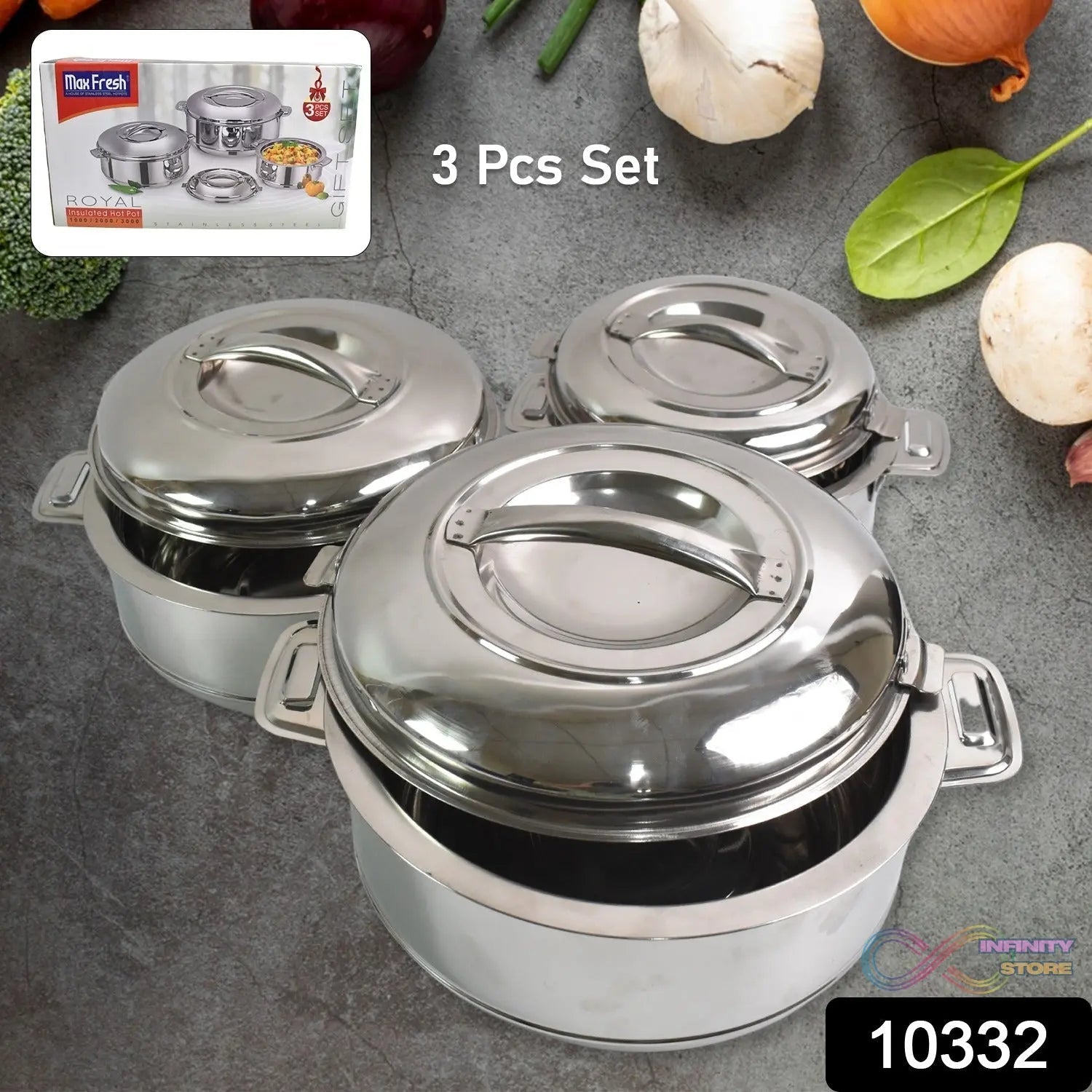 Royal Unique Hot Pot Stainless Steel Insulated Serving Casserole with Lid & Handle (3 pcs Set) - infinityexculsivestore.com