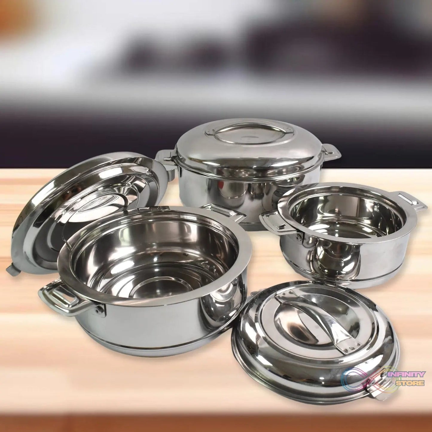 Royal Unique Hot Pot Stainless Steel Insulated Serving Casserole with Lid & Handle (3 pcs Set) - infinityexculsivestore.com