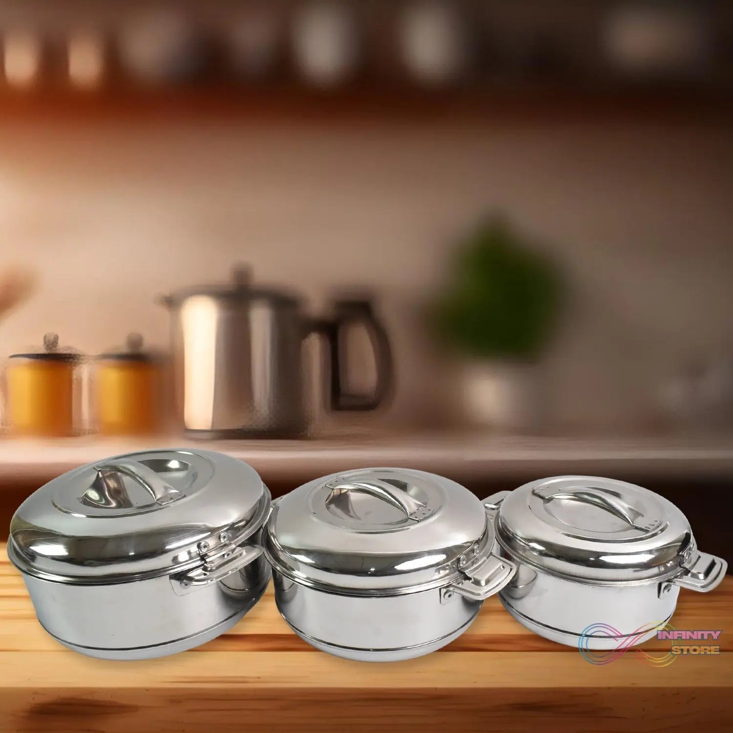 Royal Unique Hot Pot Stainless Steel Insulated Serving Casserole with Lid & Handle (3 pcs Set) - infinityexculsivestore.com