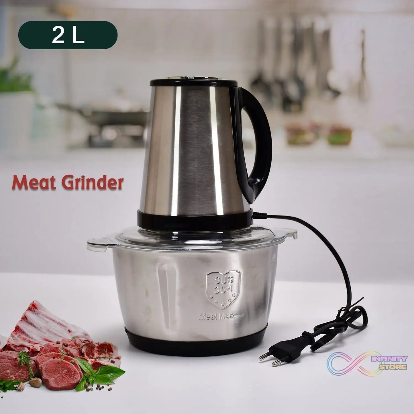 STAINLESS STEEL ELECTRIC MEAT GRINDERS WITH BOWL HEAVY FOR KITCHEN FOOD CHOPPER, MEAT, VEGETABLES, ONION , GARLIC SLICER DICER, FRUIT & NUTS BLENDER (2L, 250WATTS) - infinityexculsivestore.com