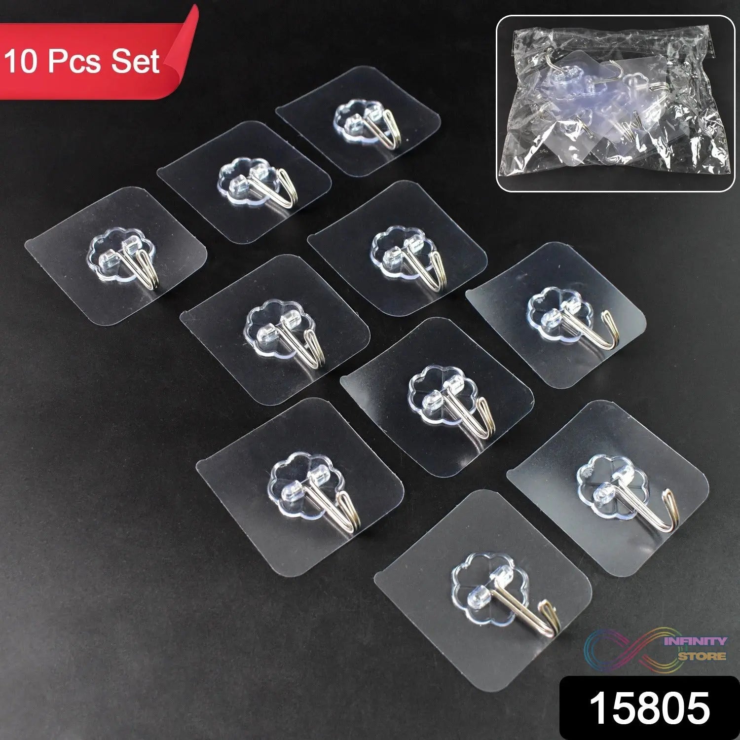 Self Adhesive Transparent Sticky Plastic & Stainless Steel Wall Hooks (10 Pcs Set) - infinityexculsivestore.com