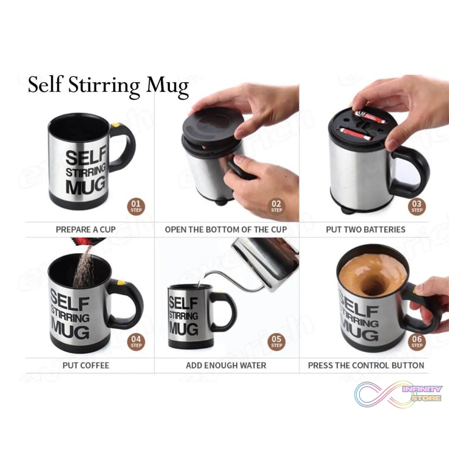 Practical self-stirring mug for mixing coffee and beverages without manual effort.